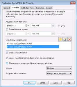 OpenAFS Advertisement Properties - Schedule Tab