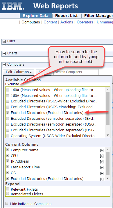 Select Excluded Directories column