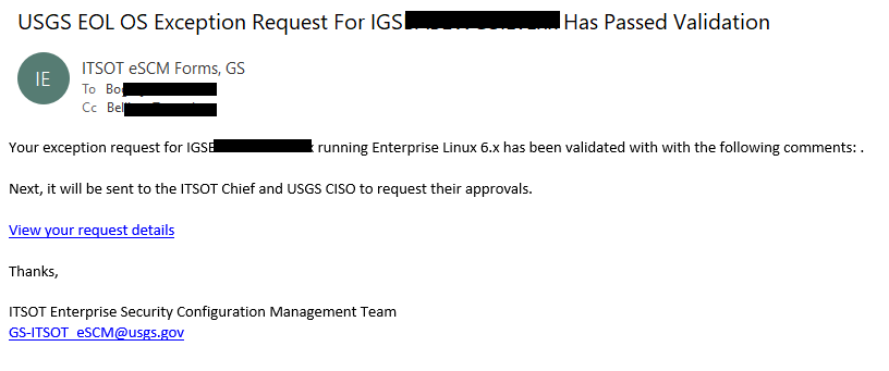Example that validation passed for the exception request