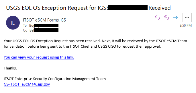 Example of receipt for submitted exception request form