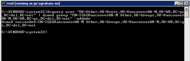 screen capture showing command line dsquery showing how to add OU members to a group