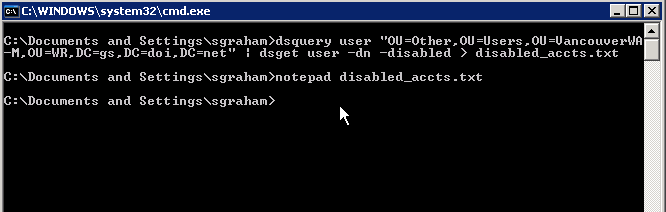 screen capture showing command line dsquery showing disabled accounts