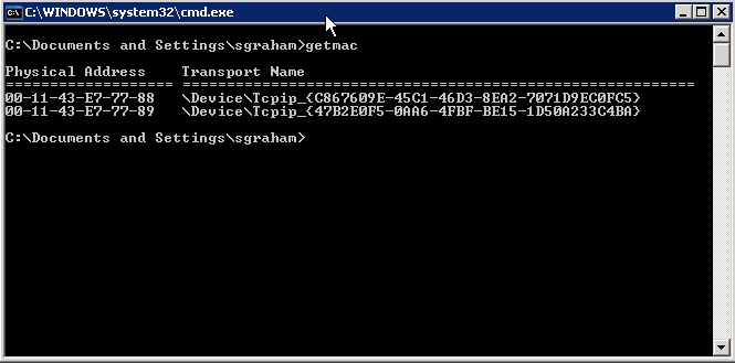 command window showing result of getmac command with no arguments