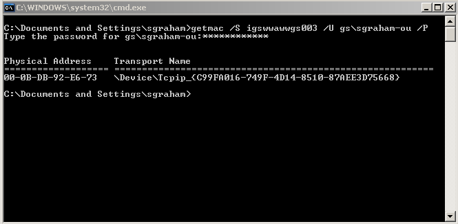 command window showing result of getmac command run against remote system