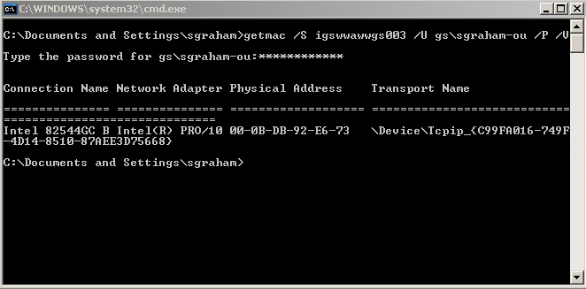 command window showing result of getmac command run against remote system with verbose output