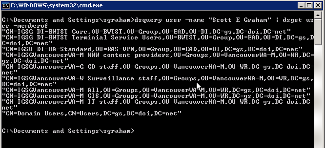 screen capture showing command line dsquery showing group membership for specified account