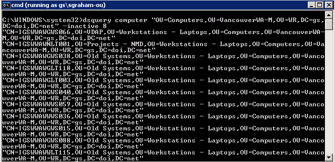 screen capture showing command line dsquery showing computers that have not logged in during the past 8 weeks