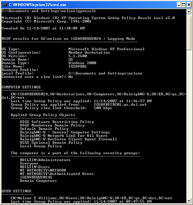 Command Window showing gpresult report for local computer