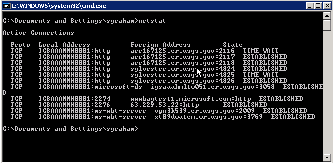 Command Window showing netstat report for local computer