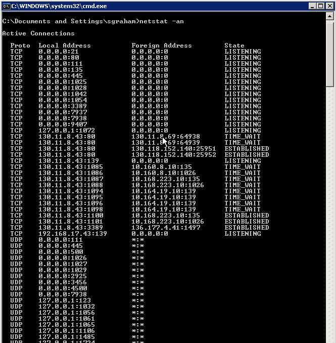 Command Window showing netstat -an report for local computer