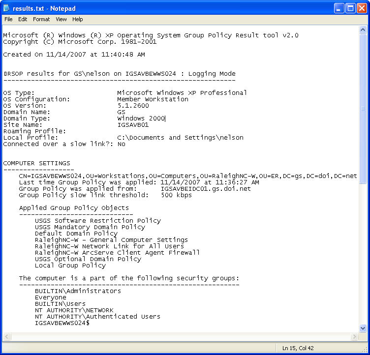 Notepad Windows showing the gpresult report