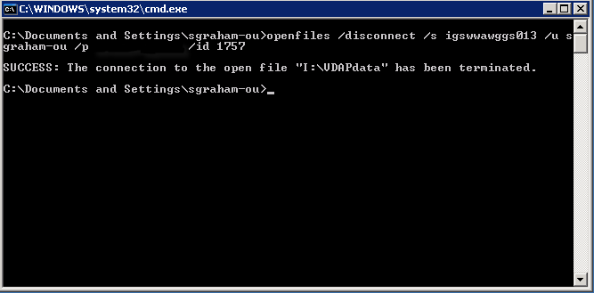 figure showing the result of the openfiles command with the disconnect option
