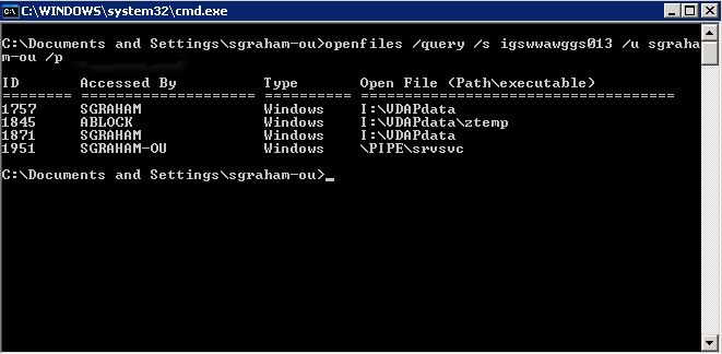 figure showing result of openfiles command with query option