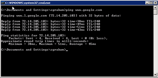 Command Window showing ping report for local computer
