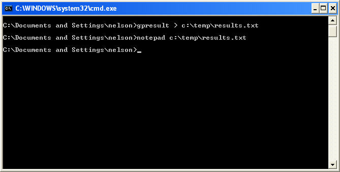 Command Window showing a gpresult report which has been redirected