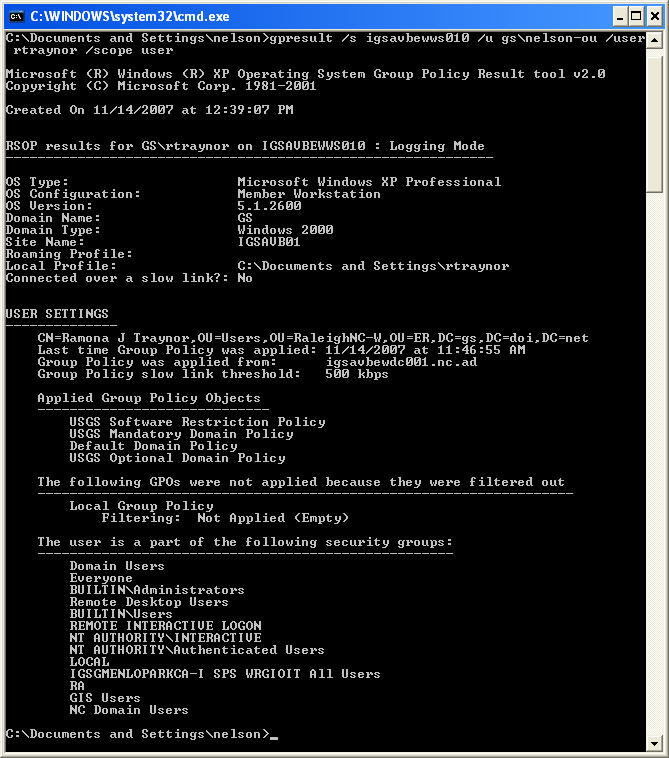 Command Window showing gpresult report for a remote computer