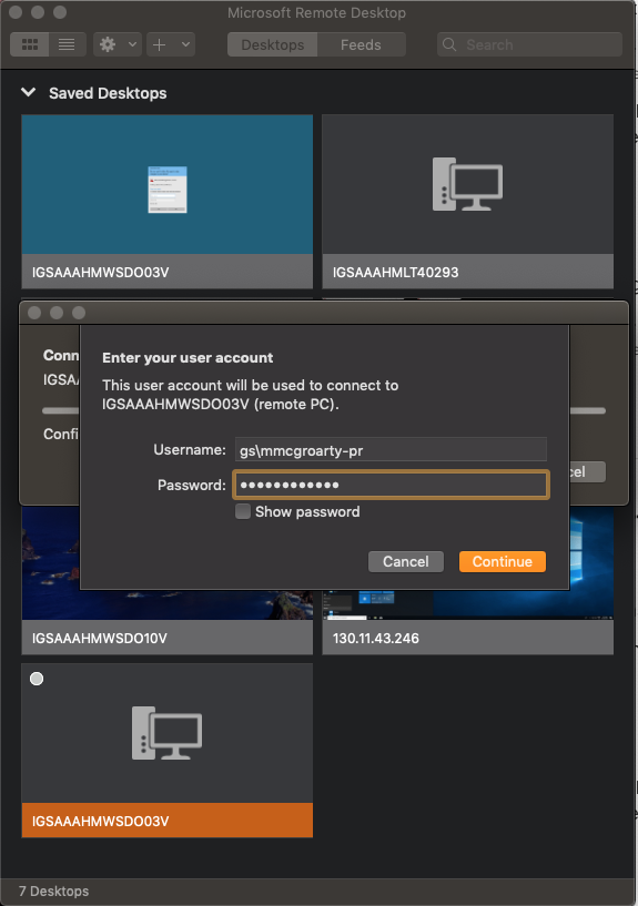 User name and password