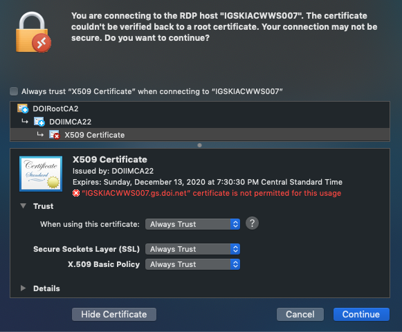 Always trust the certificate
