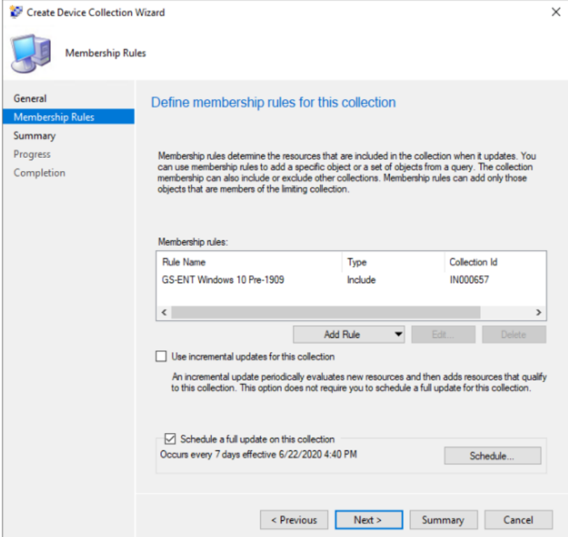 Create Device Collection Wizard window showing membership rules with an include collection rule.