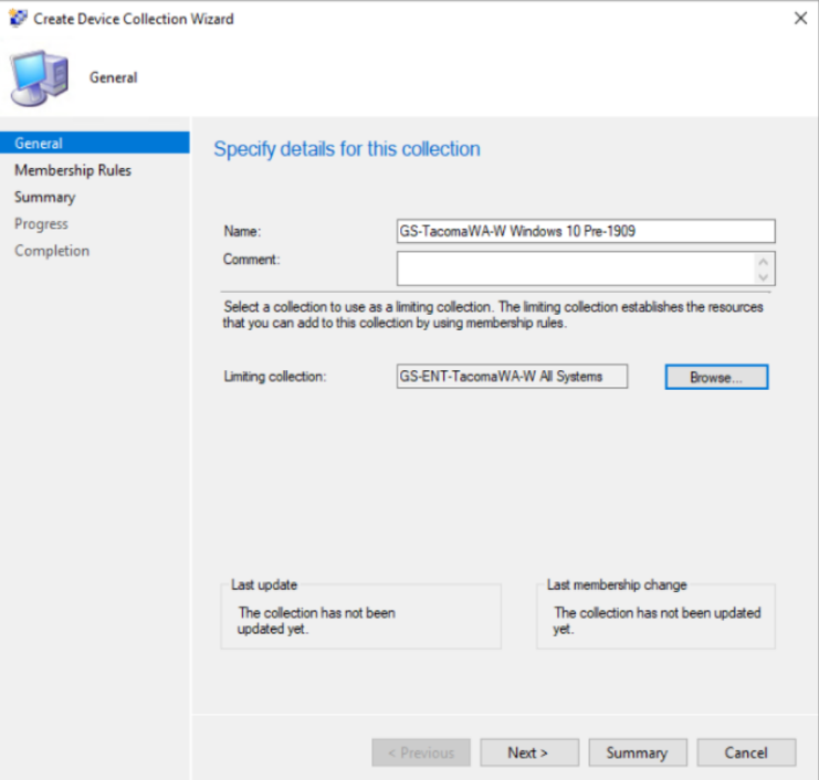 Create Device Collection Window showing Name and Limiting collection.