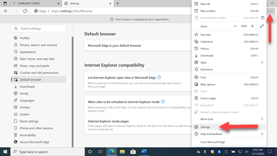 Edge Browser Settings Menu