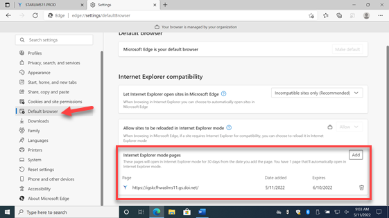 Default Browser section of Edge Settings.