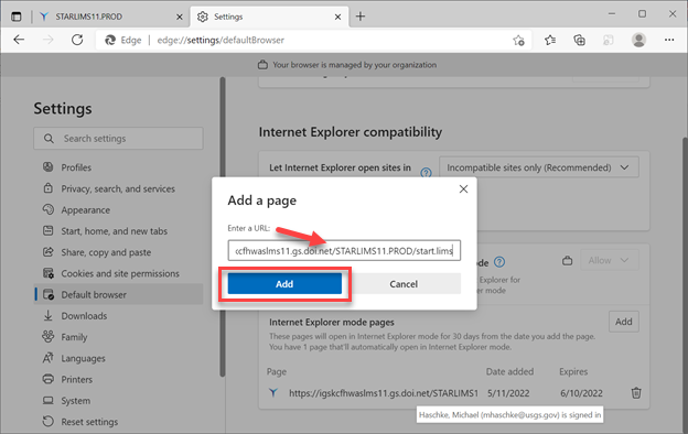 Enter the LIMS (as an example) URL into the Add dialog box.