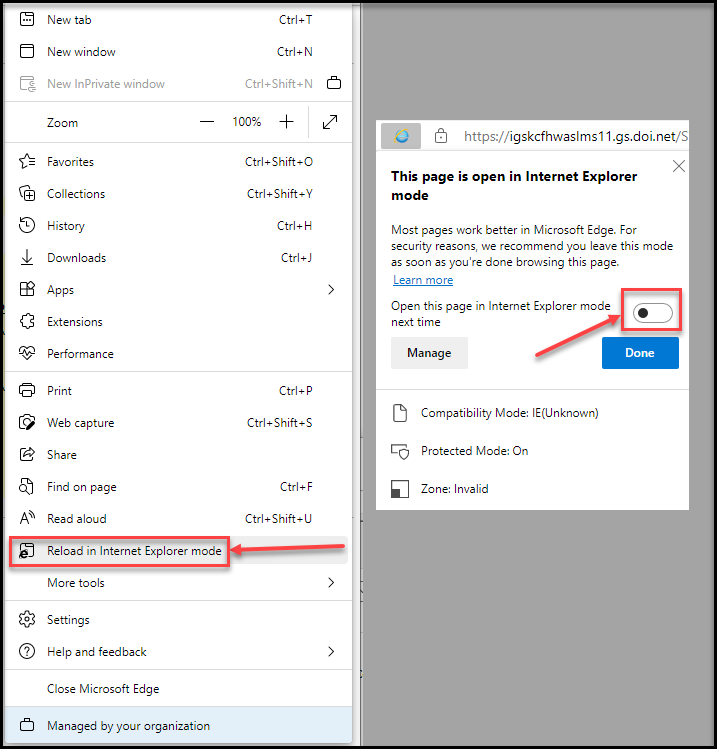 Edge Menu with "Reload in Internet Explorer mode" option, and the resulting dialogue box with "Open this page in Internet Explorer mode next time" toggle box highlighted.