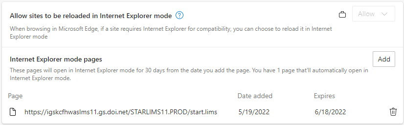 Internet Explorer mode page list in Edge Settings.